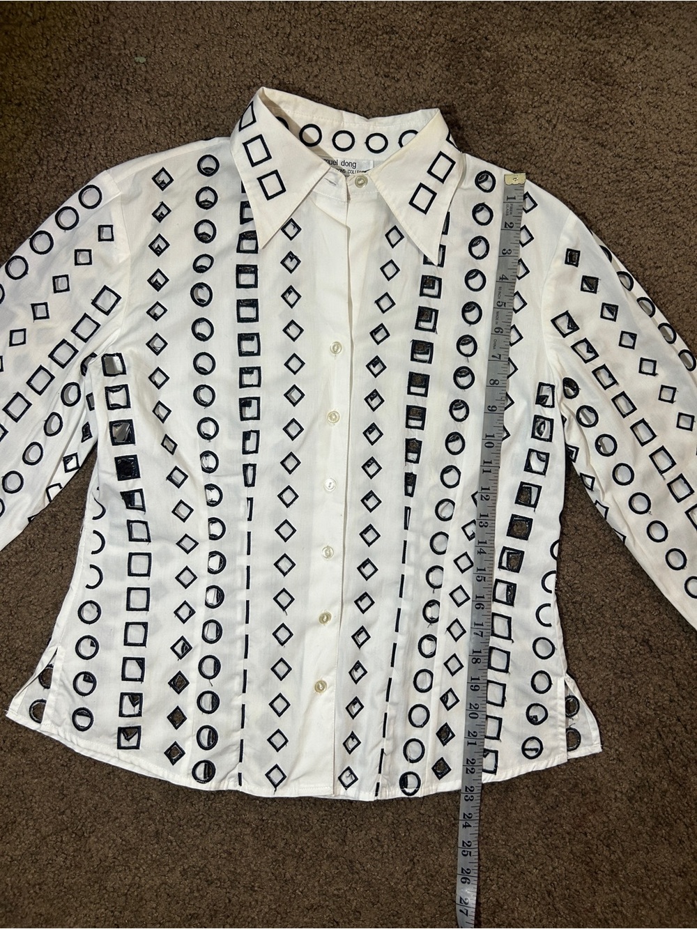Samuel Dong White Button-Down Shirt with Black Geometric Cutouts